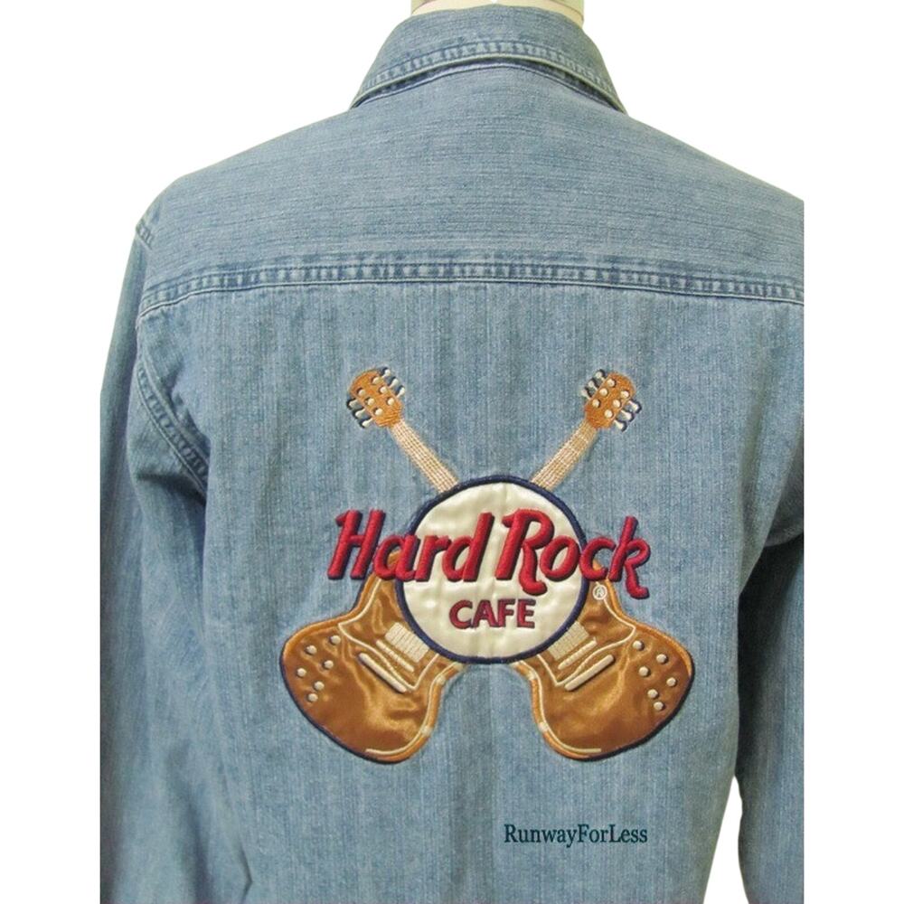 Euc HARD ROCK CAFE Womens 8 Memphis Tennessee Patch Denim Jeans Top Blouse
